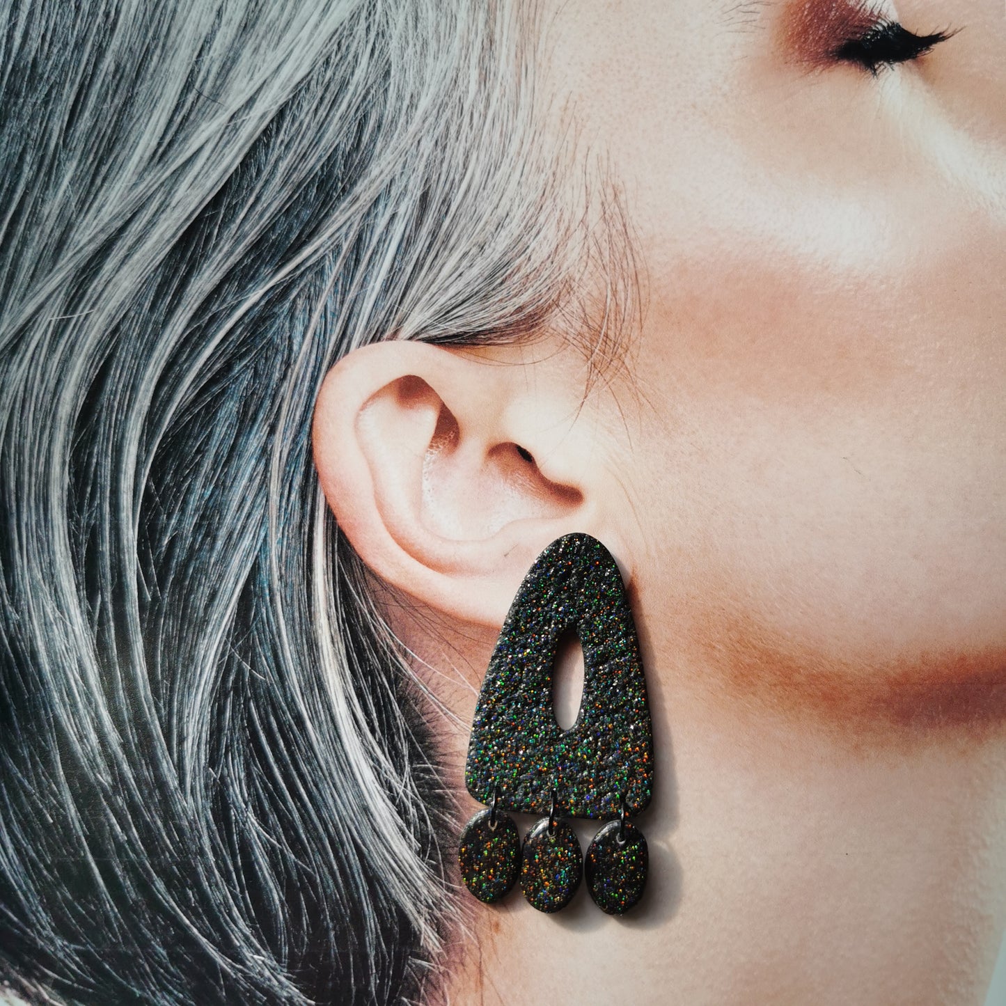 Black Glitter statement stud