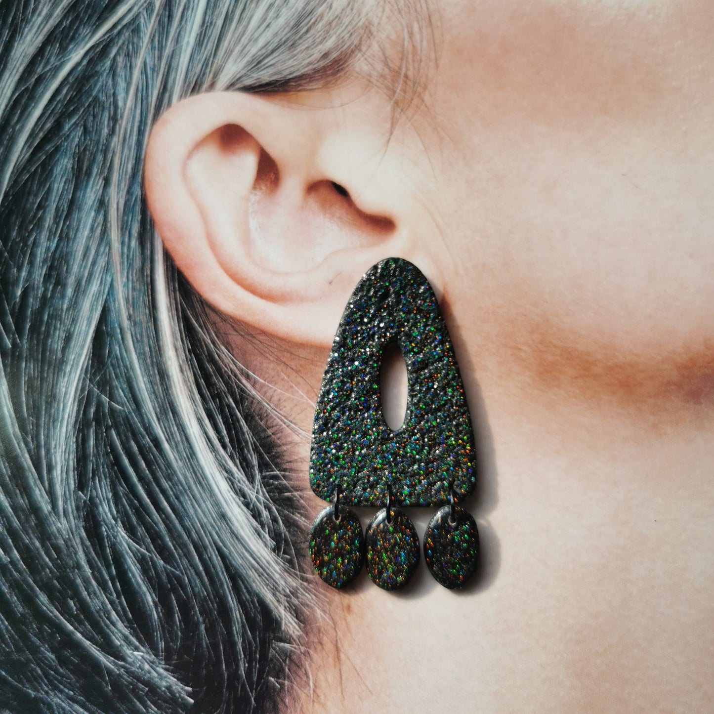 Black Glitter statement stud